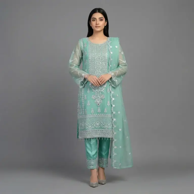 Premium Embroidered Organza 3-Piece Suit | KQ162 - Image 9