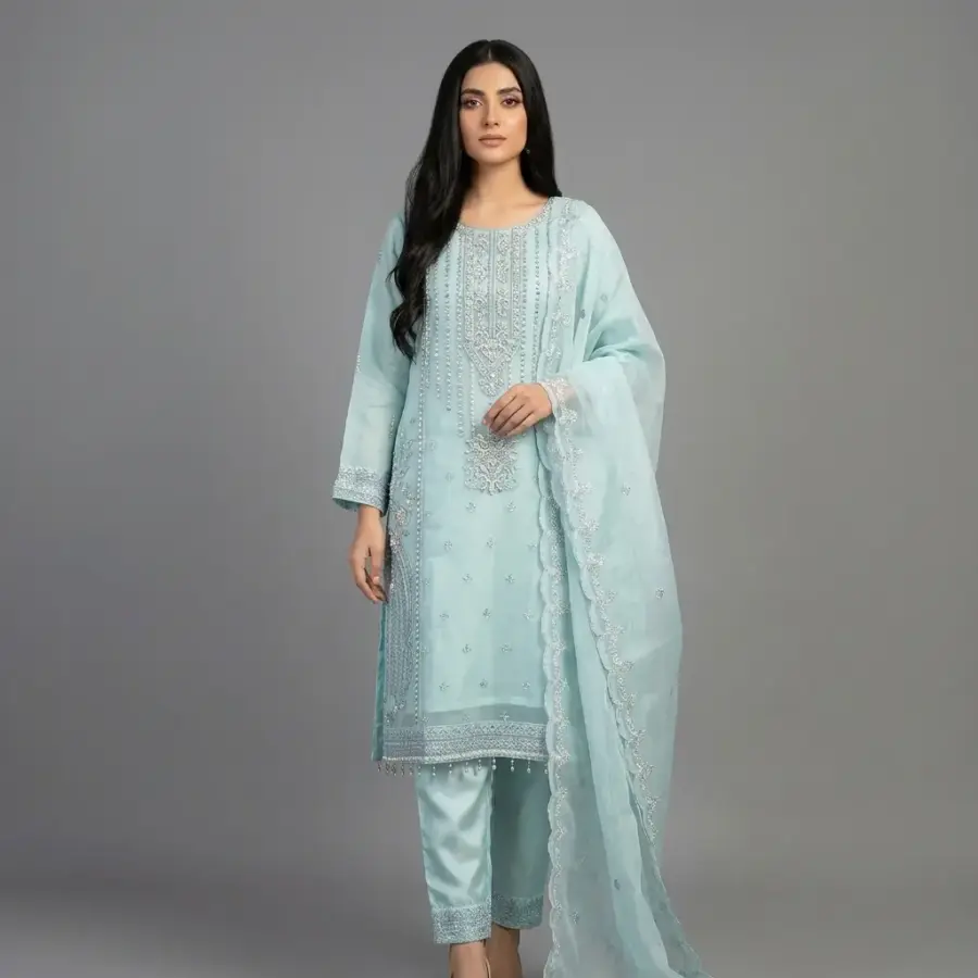 Embroidered Organza 3-Piece Suit | KQ164 - Image 4