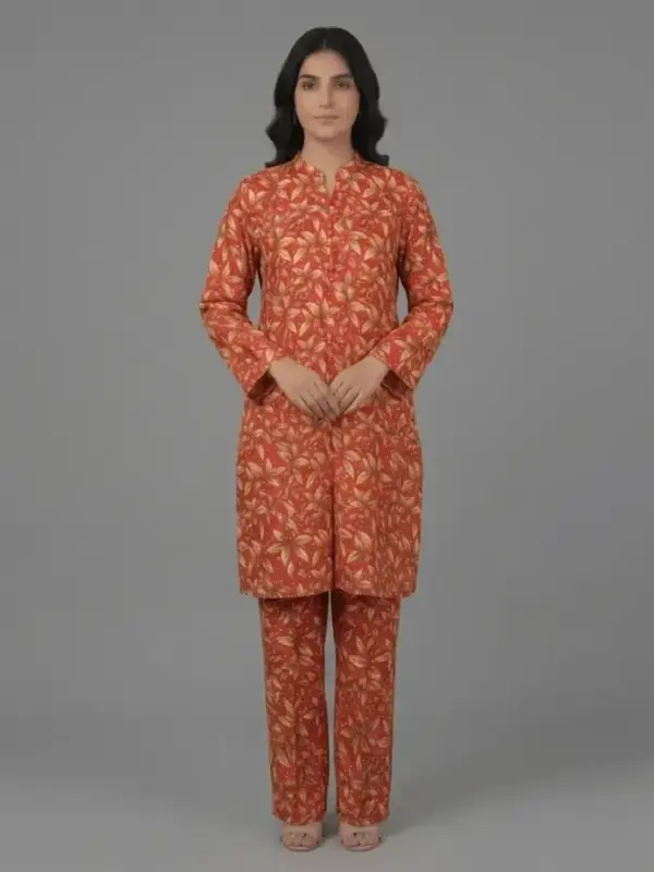 Printed Cotton Silk 2-Piece Suit - Orange | KQ166