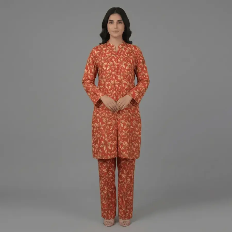 Printed Cotton Silk 2-Piece Suit - Orange | KQ166