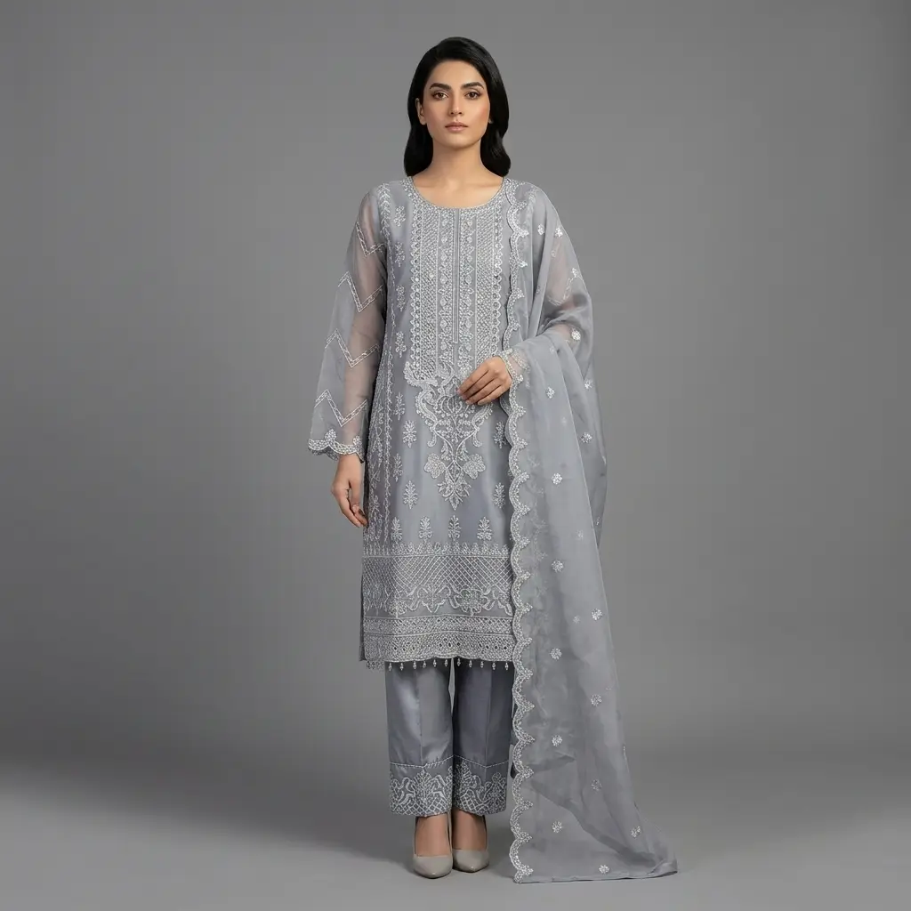 Premium Embroidered Organza 3-Piece Suit | KQ162 - Image 11